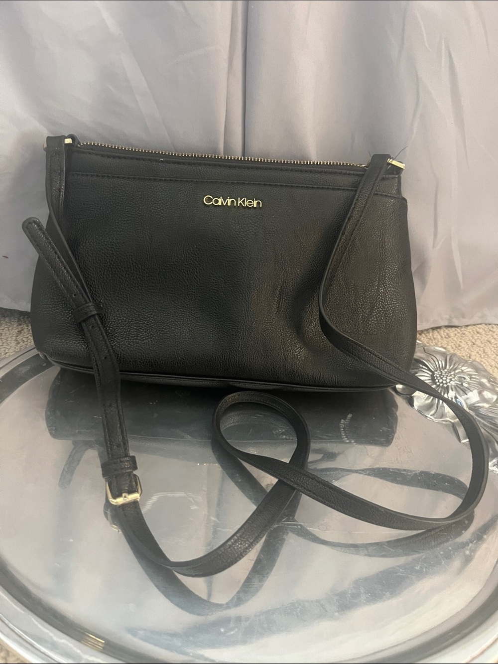 Calvin Klein Black Leather Crossbody with Gold Logo